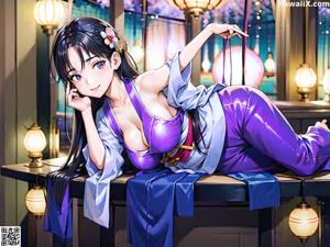 A woman in a purple outfit sitting on a table.